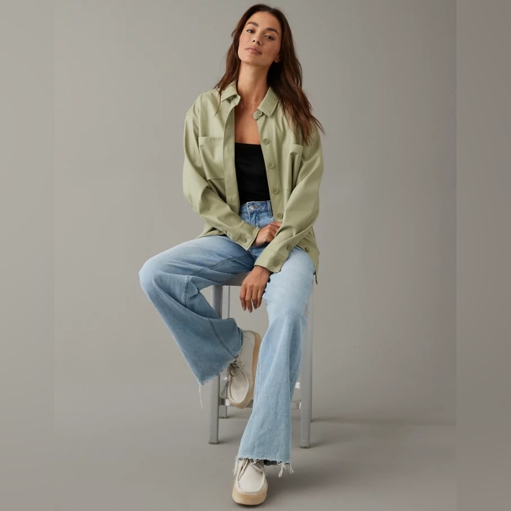 AE Oversized Vegan Leather Shacket In Olive